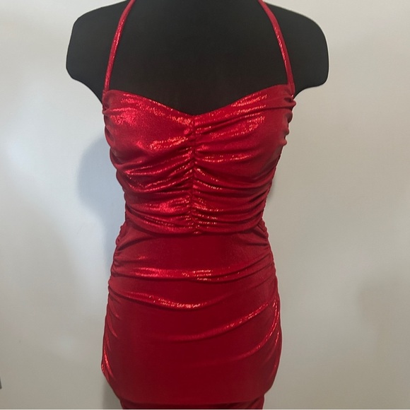 Privy Red Ruched Bodycon long Dress - Picture 3 of 8